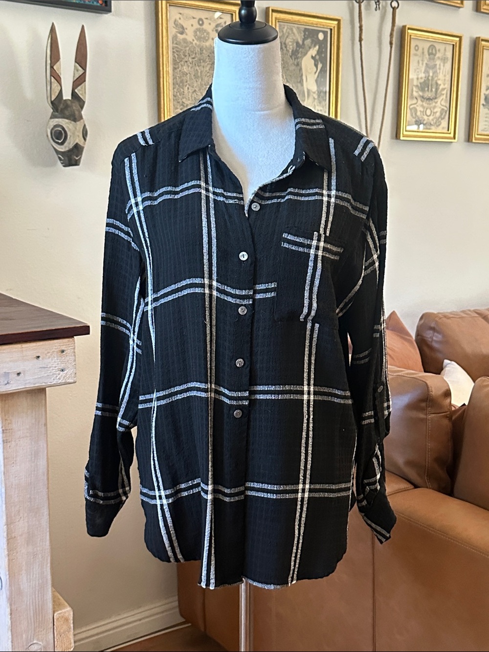 Jane and Delancey Black Plaid Button-Up Blouse